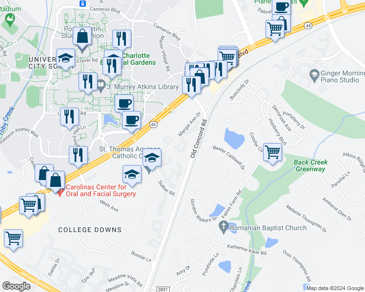 map of restaurants, bars, coffee shops, grocery stores, and more near 1620 Arlyn Circle in Charlotte