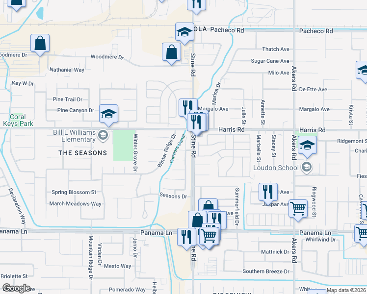 map of restaurants, bars, coffee shops, grocery stores, and more near 4902 Penwood Court in Bakersfield