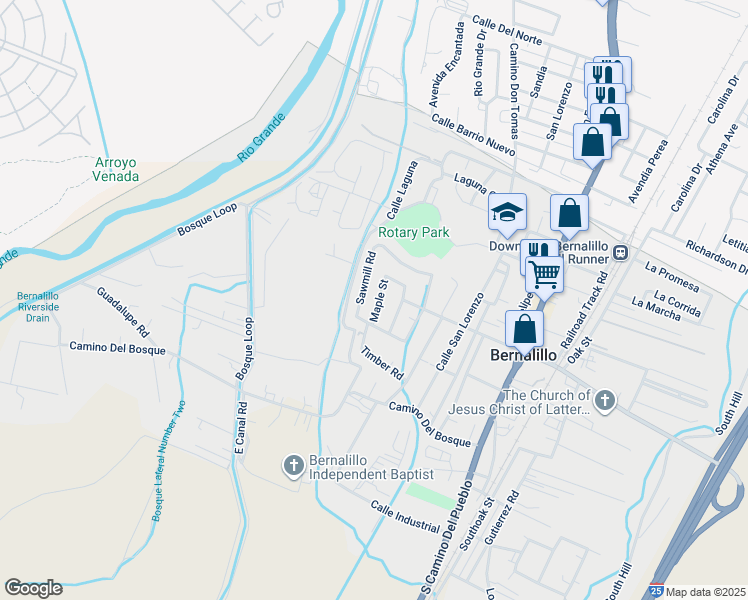 map of restaurants, bars, coffee shops, grocery stores, and more near 1145 Maple Street in Bernalillo