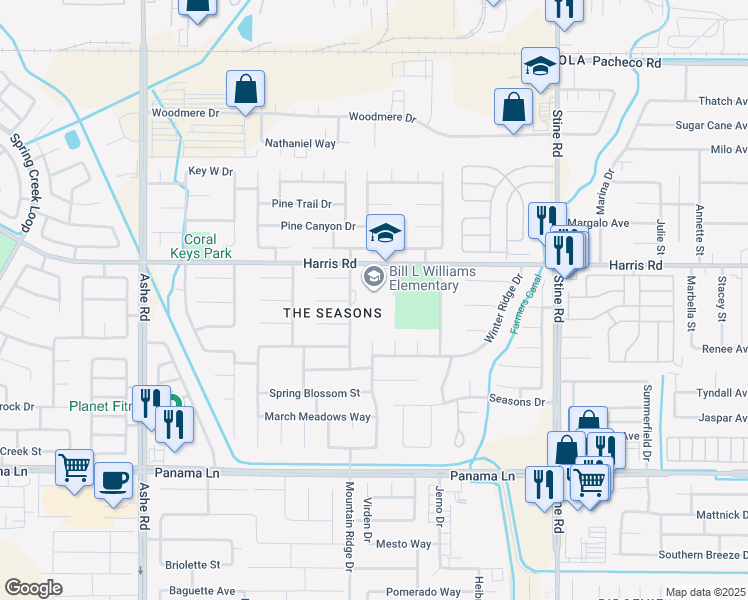 map of restaurants, bars, coffee shops, grocery stores, and more near 5601 Harris Road in Bakersfield