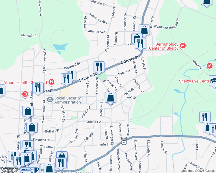 map of restaurants, bars, coffee shops, grocery stores, and more near 817 Jefferson Street in Shelby