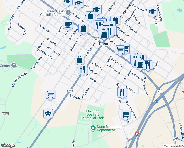 map of restaurants, bars, coffee shops, grocery stores, and more near 603 South Magnolia Avenue in Dunn