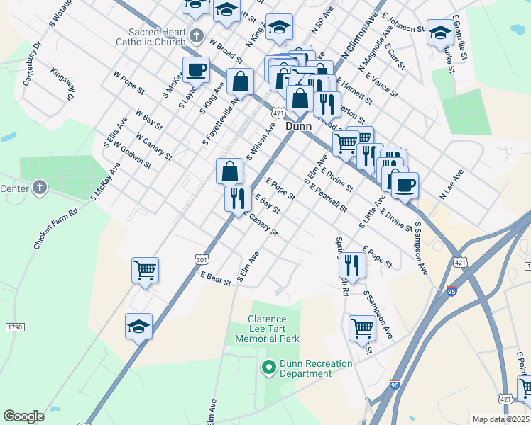 map of restaurants, bars, coffee shops, grocery stores, and more near 603 South Magnolia Avenue in Dunn