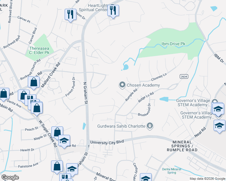 map of restaurants, bars, coffee shops, grocery stores, and more near 6001 Spanish Moss Lane in Charlotte