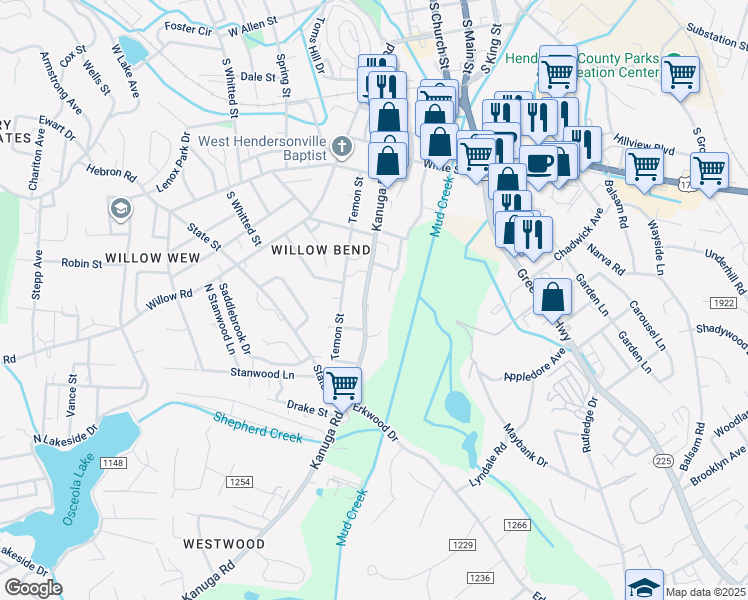 map of restaurants, bars, coffee shops, grocery stores, and more near 927 Judsen Lane in Hendersonville