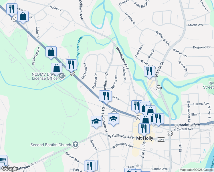 map of restaurants, bars, coffee shops, grocery stores, and more near 305 North Hawthorne Street in Mount Holly