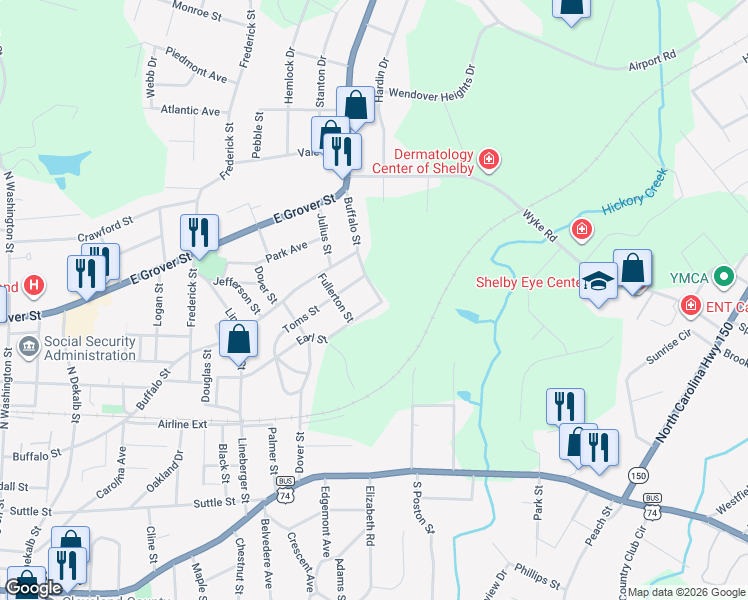 map of restaurants, bars, coffee shops, grocery stores, and more near 1117 Earl Road in Shelby