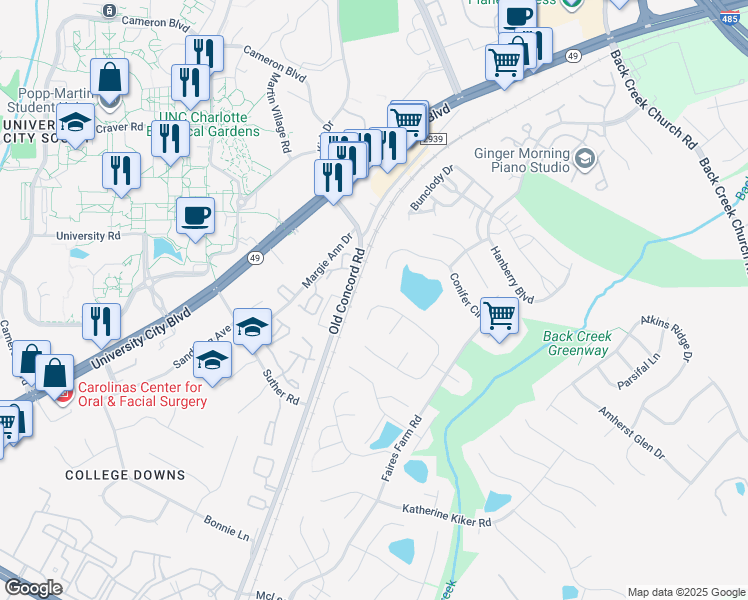 map of restaurants, bars, coffee shops, grocery stores, and more near 10128 Baxter Caldwell Drive in Charlotte