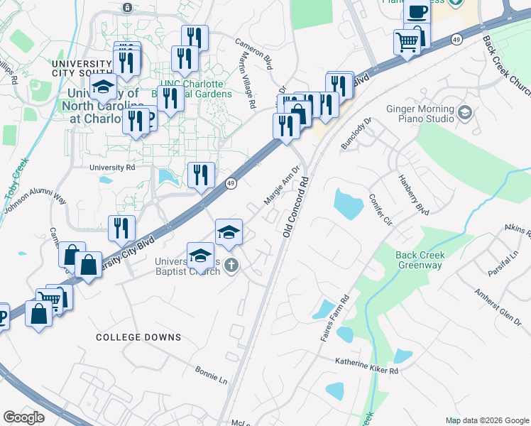map of restaurants, bars, coffee shops, grocery stores, and more near 1600 Arlyn Circle in Charlotte