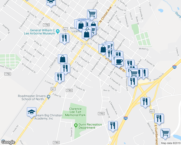map of restaurants, bars, coffee shops, grocery stores, and more near East Pope Street in Dunn
