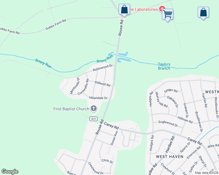 map of restaurants, bars, coffee shops, grocery stores, and more near Stillwell Rd in Kinston