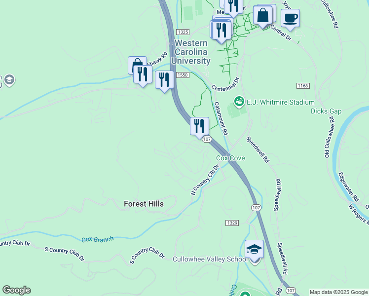 map of restaurants, bars, coffee shops, grocery stores, and more near 55 Alta View Drive in Cullowhee