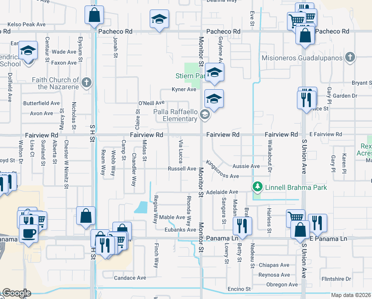 map of restaurants, bars, coffee shops, grocery stores, and more near 1000 Guiseppe Court in Bakersfield