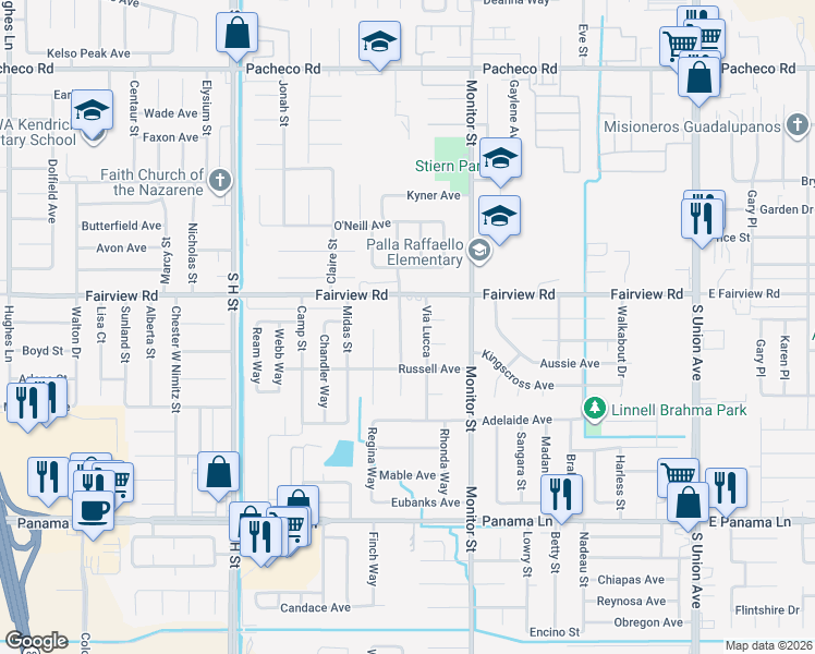 map of restaurants, bars, coffee shops, grocery stores, and more near 5712 Osborne Court in Bakersfield