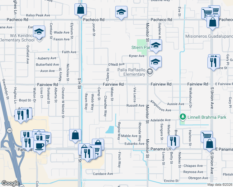 map of restaurants, bars, coffee shops, grocery stores, and more near 1217 Fairview Road in Bakersfield