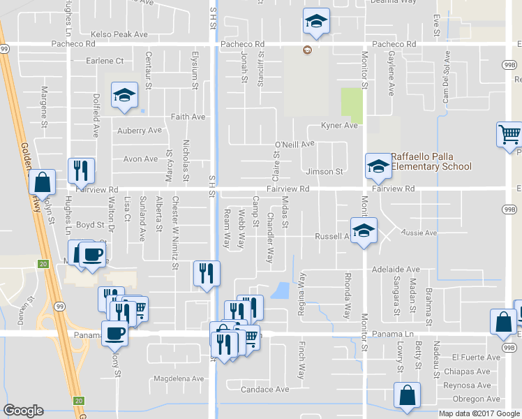 map of restaurants, bars, coffee shops, grocery stores, and more near 1504 Moreland Way in Bakersfield