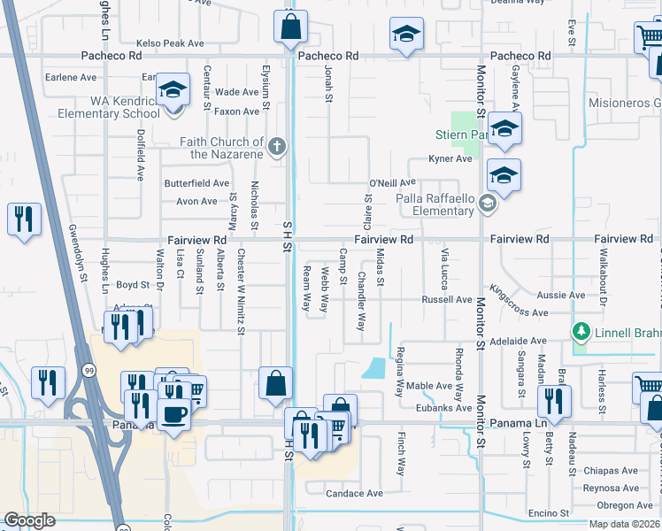 map of restaurants, bars, coffee shops, grocery stores, and more near 1504 Moreland Way in Bakersfield