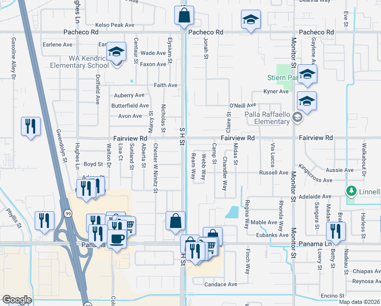 map of restaurants, bars, coffee shops, grocery stores, and more near 1608 Moreland Way in Bakersfield