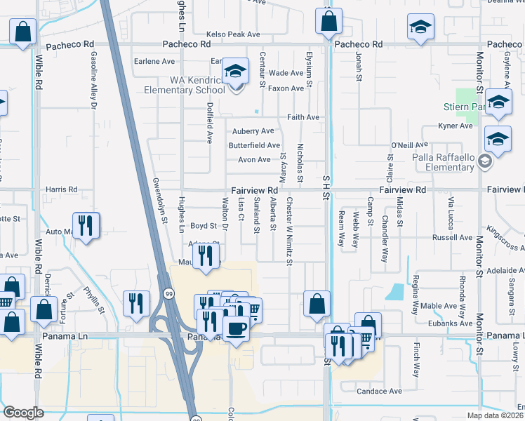 map of restaurants, bars, coffee shops, grocery stores, and more near 5709 Alberta Street in Bakersfield