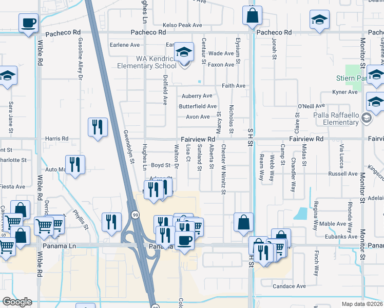 map of restaurants, bars, coffee shops, grocery stores, and more near 5713 Lisa Court in Bakersfield