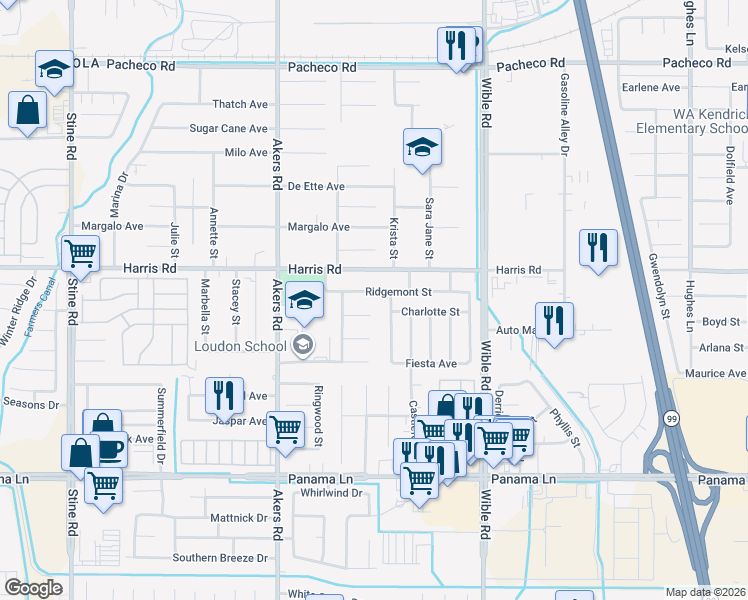 map of restaurants, bars, coffee shops, grocery stores, and more near 3600 Ridgemont Street in Bakersfield