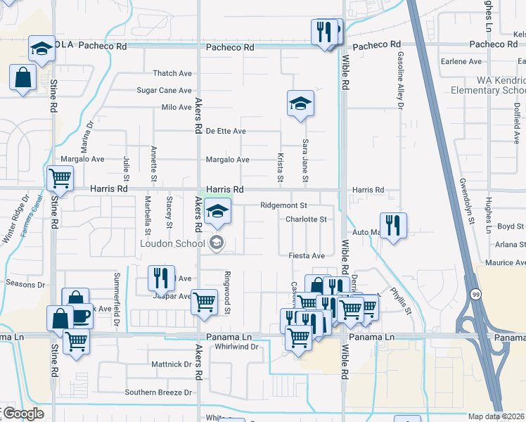 map of restaurants, bars, coffee shops, grocery stores, and more near 3710 Ridgemont Street in Bakersfield