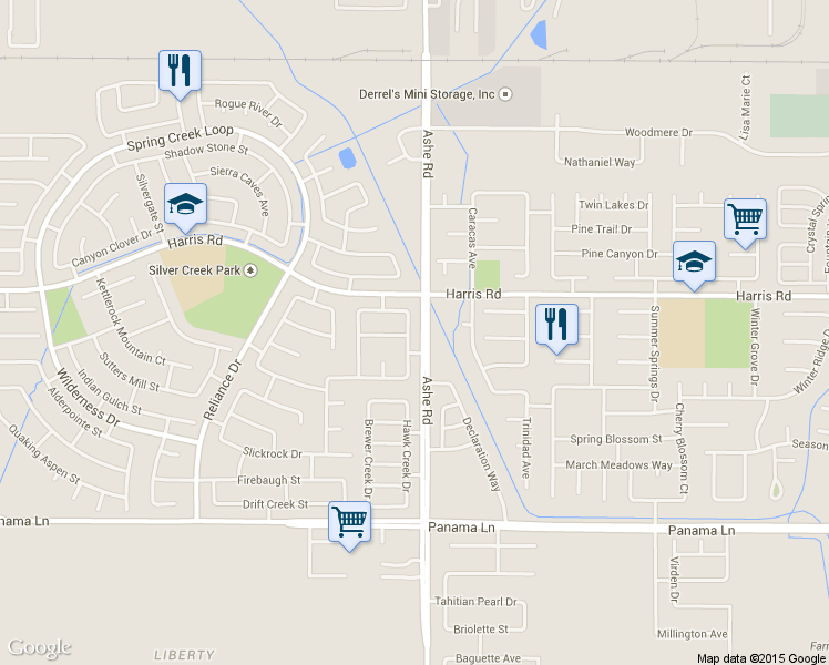map of restaurants, bars, coffee shops, grocery stores, and more near 5708 Bridge Creek Avenue in Bakersfield