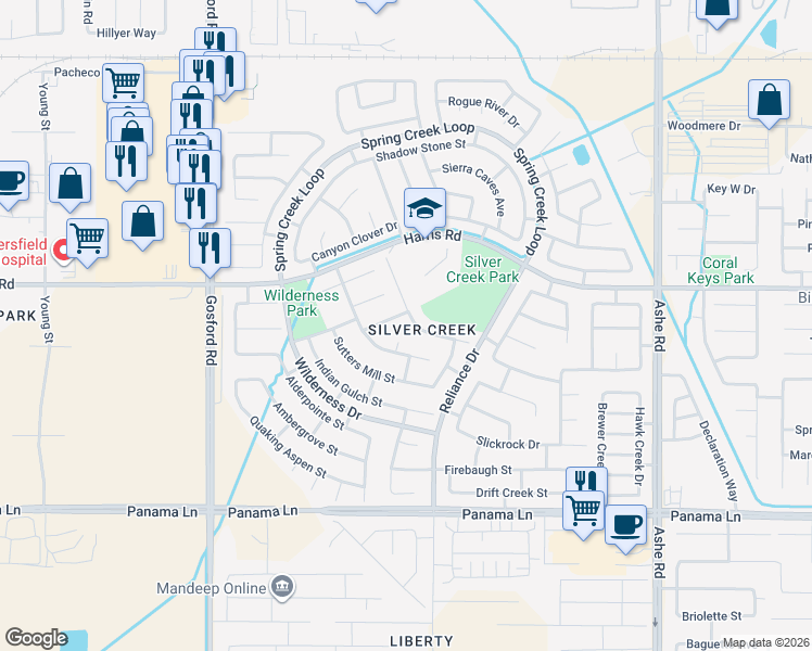 map of restaurants, bars, coffee shops, grocery stores, and more near 7412 Chinese Mountain Way in Bakersfield
