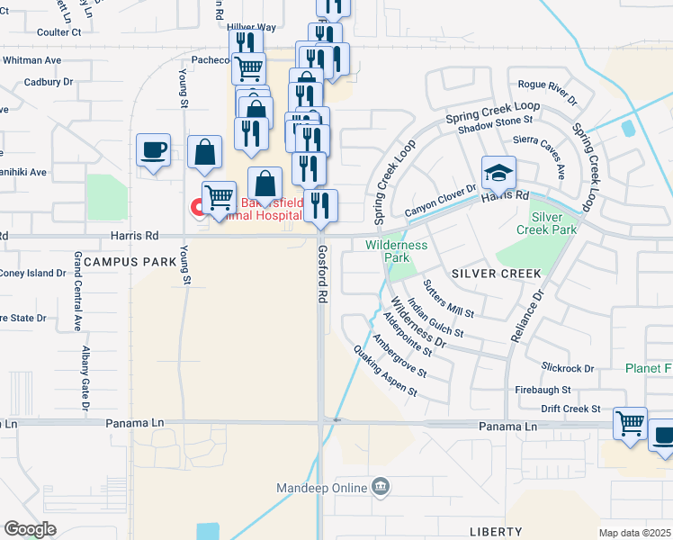 map of restaurants, bars, coffee shops, grocery stores, and more near 7921 Coulter Pine Court in Bakersfield