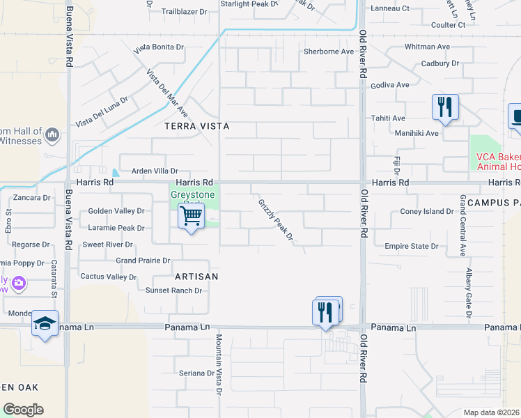 map of restaurants, bars, coffee shops, grocery stores, and more near 5813 Grizzly Peak Drive in Bakersfield