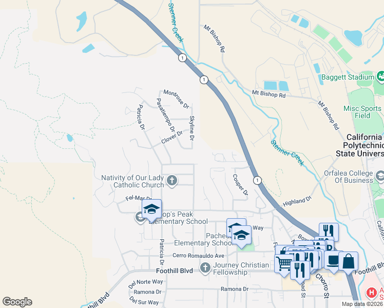 map of restaurants, bars, coffee shops, grocery stores, and more near 601 Pasatiempo Drive in San Luis Obispo