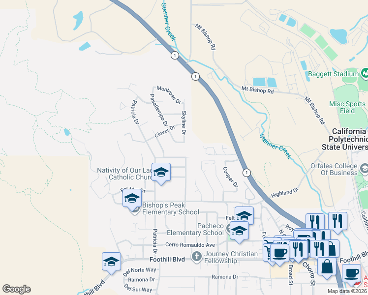 map of restaurants, bars, coffee shops, grocery stores, and more near 601 Pasatiempo Drive in San Luis Obispo