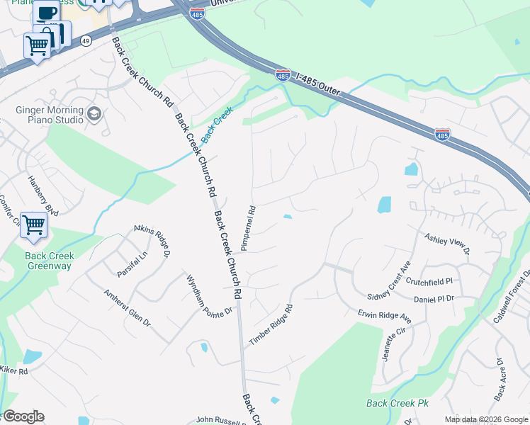 map of restaurants, bars, coffee shops, grocery stores, and more near 10411 Hellebore Road in Charlotte
