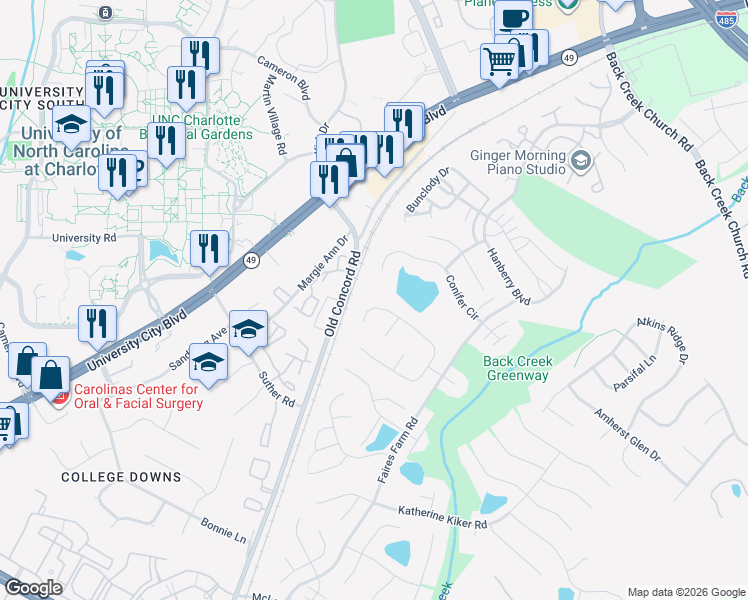 map of restaurants, bars, coffee shops, grocery stores, and more near 10128 Baxter Caldwell Drive in Charlotte