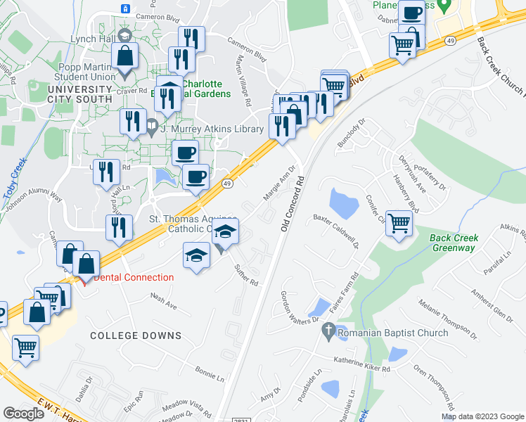 map of restaurants, bars, coffee shops, grocery stores, and more near 1600 Arlyn Circle in Charlotte