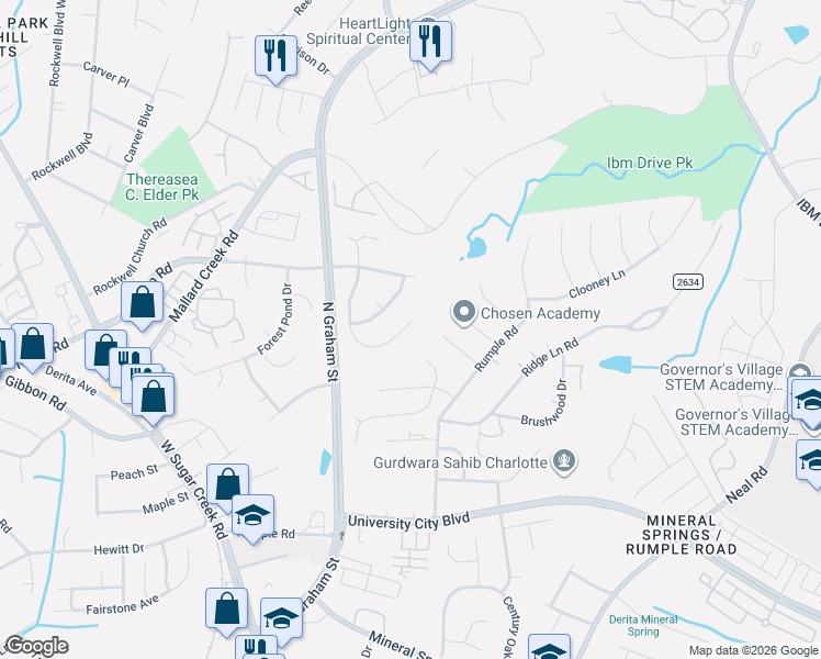 map of restaurants, bars, coffee shops, grocery stores, and more near 6001 Spanish Moss Lane in Charlotte