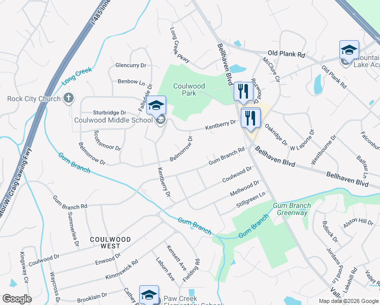 map of restaurants, bars, coffee shops, grocery stores, and more near 225 Belmorrow Drive in Charlotte