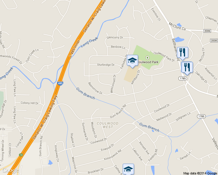 map of restaurants, bars, coffee shops, grocery stores, and more near 205 Wesconnett Drive in Charlotte