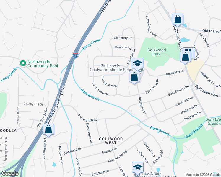 map of restaurants, bars, coffee shops, grocery stores, and more near 121 Scottsmoor Drive in Charlotte