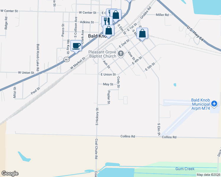 map of restaurants, bars, coffee shops, grocery stores, and more near 114 May Street in Bald Knob