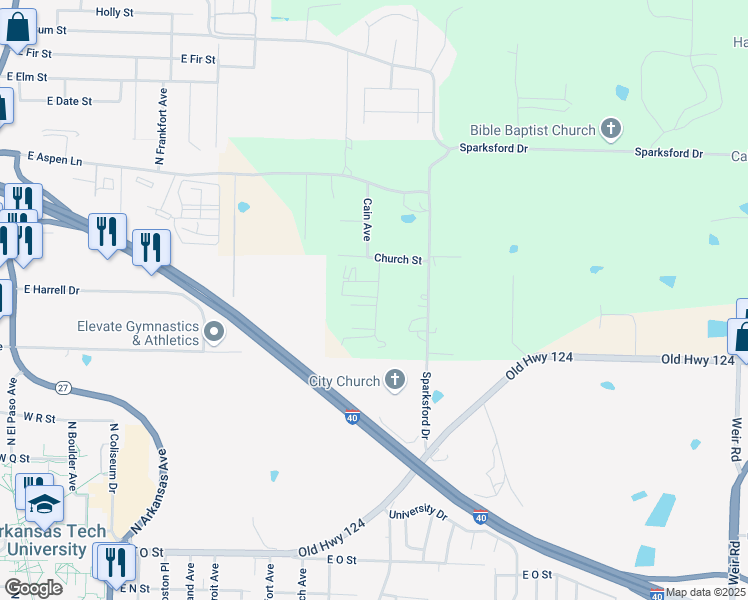 map of restaurants, bars, coffee shops, grocery stores, and more near 70 Fields Street in Russellville