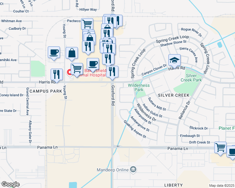 map of restaurants, bars, coffee shops, grocery stores, and more near 7921 Coulter Pine Court in Bakersfield