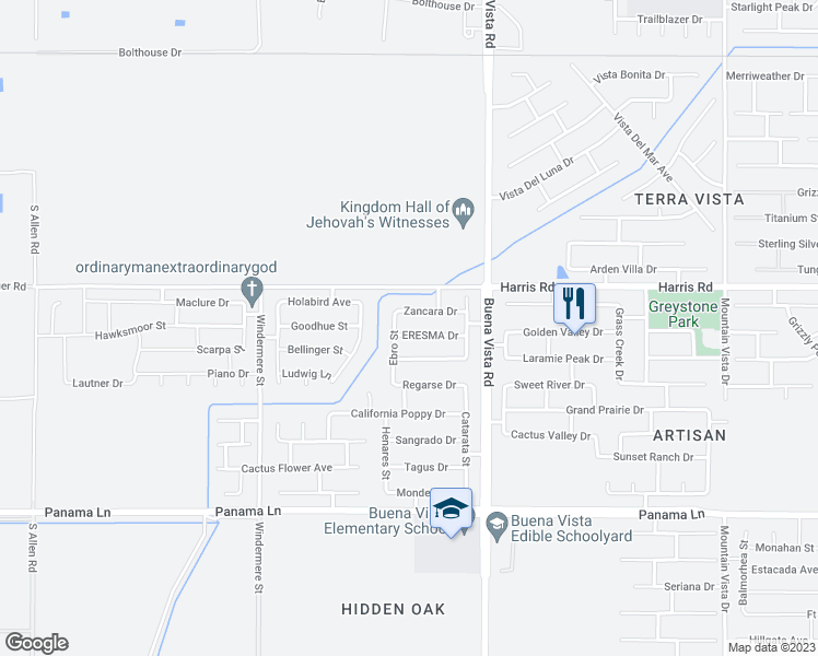 map of restaurants, bars, coffee shops, grocery stores, and more near 11518 ERESMA Drive in Bakersfield