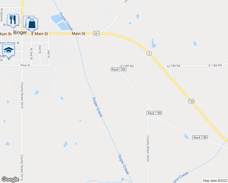 map of restaurants, bars, coffee shops, grocery stores, and more near 17140 County Road 1188 in Binger