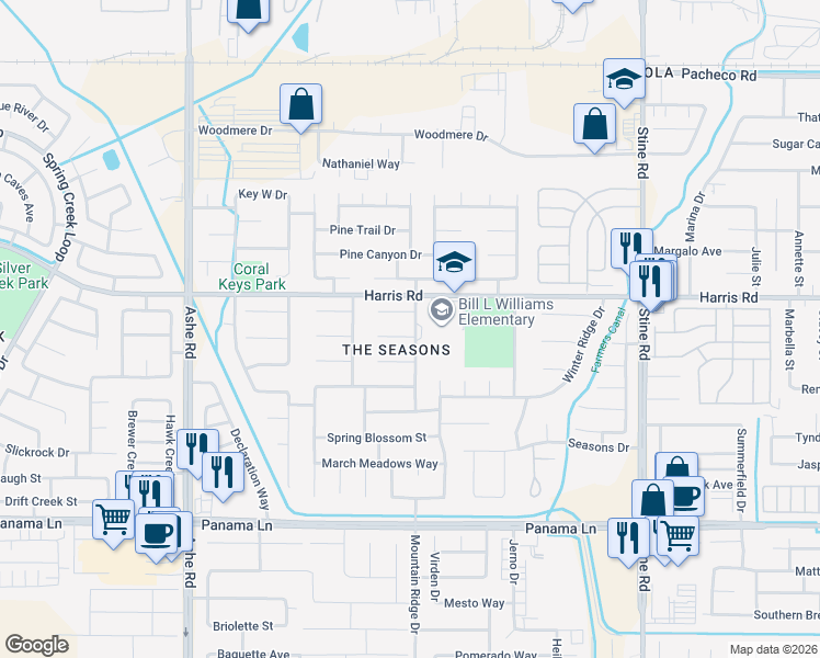 map of restaurants, bars, coffee shops, grocery stores, and more near 5701 Clear Valley Court in Bakersfield