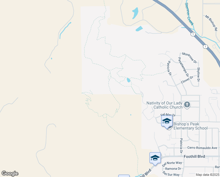 map of restaurants, bars, coffee shops, grocery stores, and more near Bishop Peak Trail in San Luis Obispo