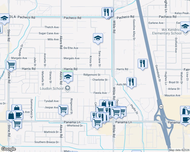 map of restaurants, bars, coffee shops, grocery stores, and more near 3504 Ridgemont Street in Bakersfield