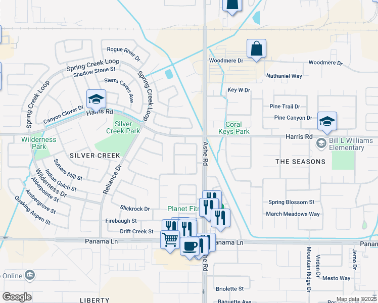 map of restaurants, bars, coffee shops, grocery stores, and more near 6610 Great Bear Street in Bakersfield