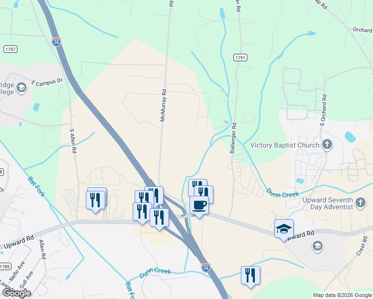 map of restaurants, bars, coffee shops, grocery stores, and more near 364 McMurray Road in Flat Rock