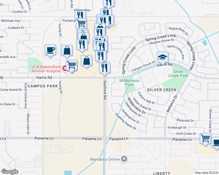 map of restaurants, bars, coffee shops, grocery stores, and more near 5717 Willowcrest Street in Bakersfield